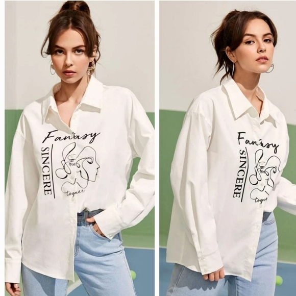 SHEIN Figure & Letter Graphic Drop Shoulder White Button Down Size M - Picture 1 of 12